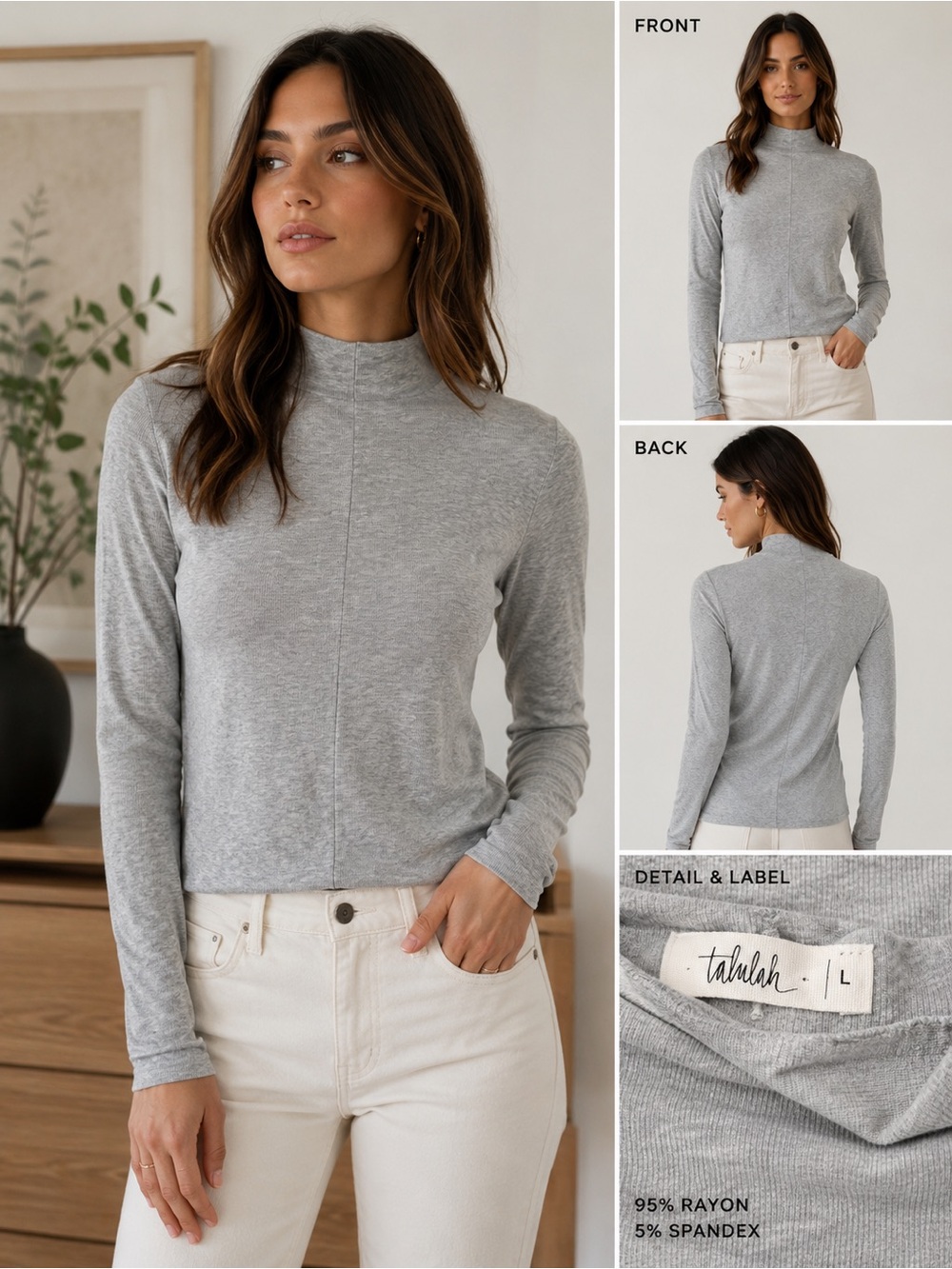 Talulah Gray Mock Neck Long Sleeve Stretch Knit Top Size Large Minimalist